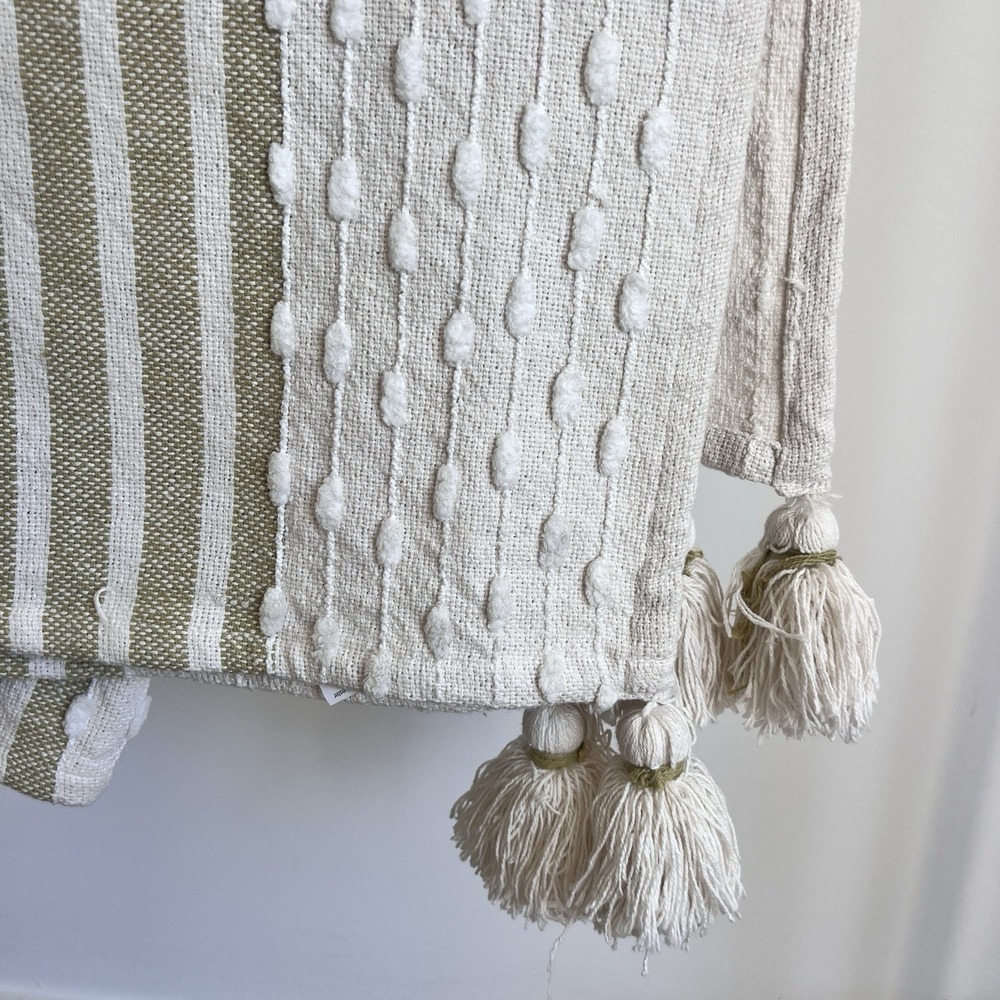 Magaschoni Home Throw Blanket Woven Cream & Green Stripe Tassle 50x60 Throw - Picture 2 of 4